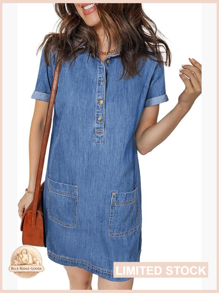 Denim Button Down Shirt Dress Casual A-Line Collared Summer Mini Dress